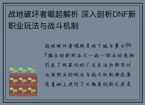 战地破坏者崛起解析 深入剖析DNF新职业玩法与战斗机制